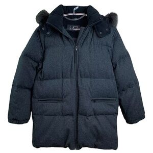 Utex Design Faux Fur Hooded Wool Blend Puffer Coat Jacket Dark Gray Size Small